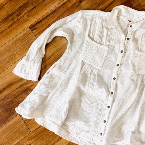 Free People gauze waffle knit button  blouse top shirt ivory boho cottag… - Picture 4 of 8